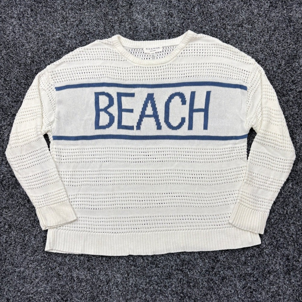 Rio and Rian New York‎ Womens Medium White Blue Open Knit Beach Pullover Sweater